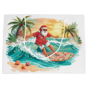 Surfing Santa Claus Christmas Holiday Large Gift Bag