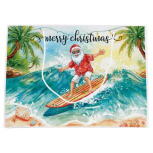 Surfing Santa Claus Christmas Holiday Large Gift Bag