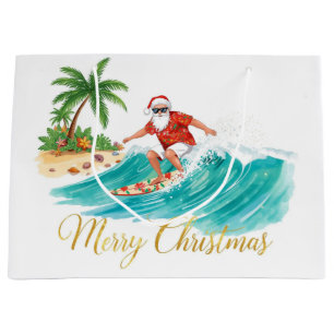 Surfing Santa Claus Christmas Holiday Large Gift Bag