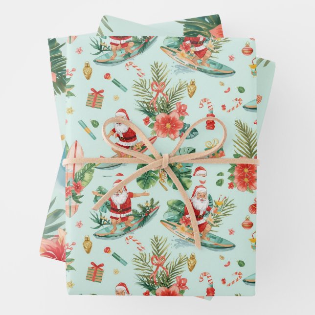 Surfing Santa Claus Christmas in Hawaii  Wrapping Paper Sheet (In situ)