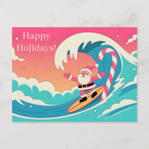 Surfing Santa Claus on a Candy Cane Wave Holiday Postcard