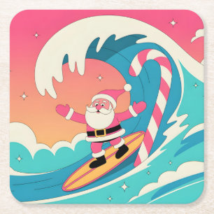 Surfing Santa Claus on a Candy Cane Wave Square Paper Coaster