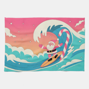 Surfing Santa Claus on a Candy Cane Wave Tea Towel