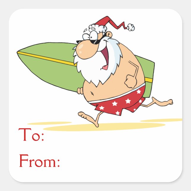 Surfing Santa Claus Square Sticker (Front)