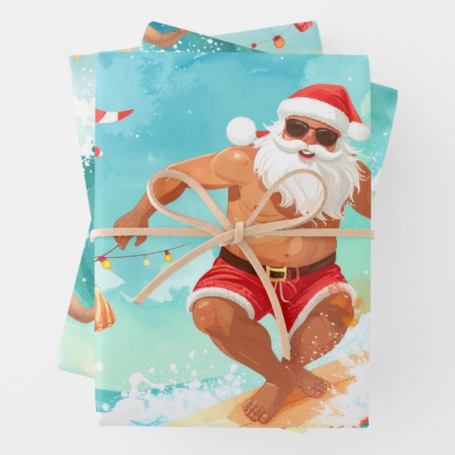 Surfing Santa Claus  Wrapping Paper Sheet (In situ)