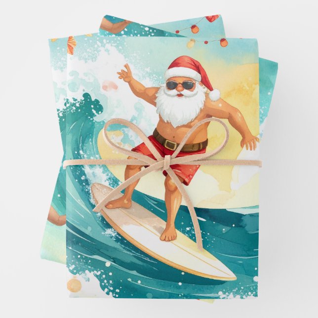 Surfing Santa Claus  Wrapping Paper Sheet (In situ)