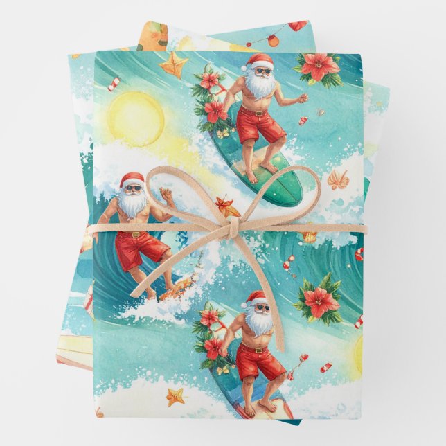 Surfing Santa Claus  Wrapping Paper Sheet (In situ)