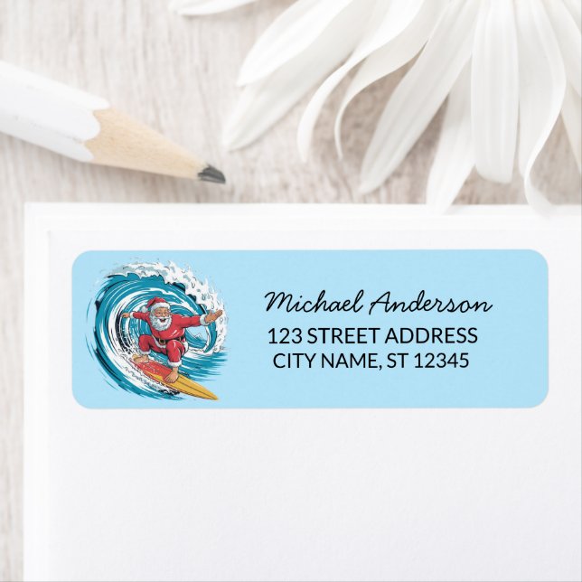 Surfing Santa Funny Christmas Return Address    Return Address Label (Insitu)