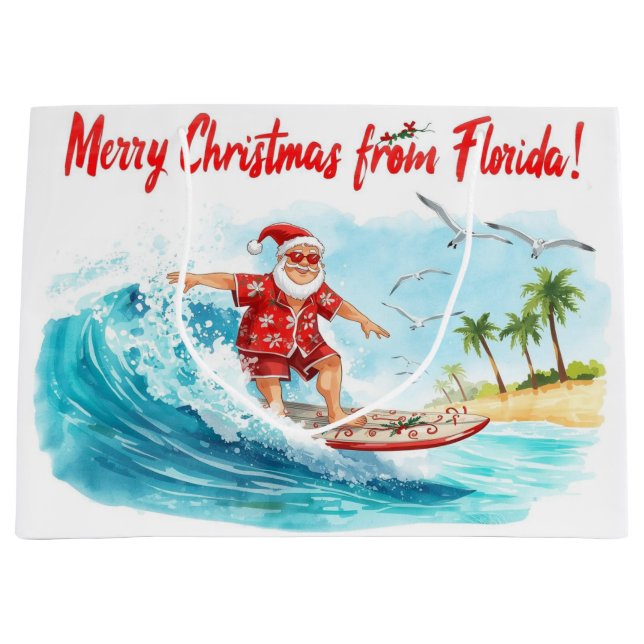 Surfing Santa Merry Christmas from Florida Large Gift Bag (Front)