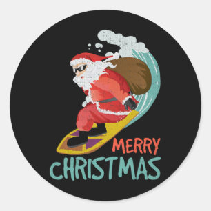 Surfing Santa Merry Funny Ugly Christmas Classic Round Sticker