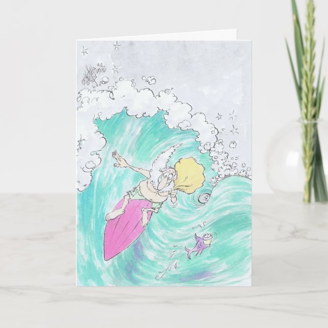 Surfing Santa on a greeting card. Holiday Card (Front)