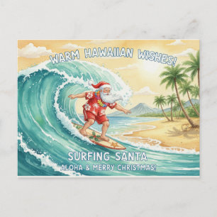 Surfing Santa on Big Wave in Hawaii Holiday Postcard