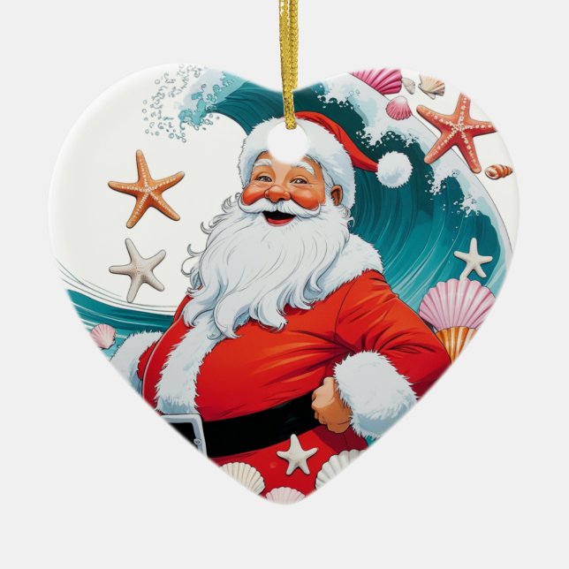 Surfing Santa Seashell Wave Christmas Ornament (Front)