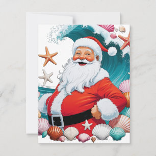 Surfing Santa Seashell Wave Flat Holiday Christmas Card