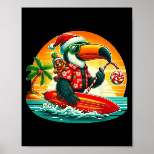 Surfing Santa Toucan And Funny Dog Trocal Christma Poster