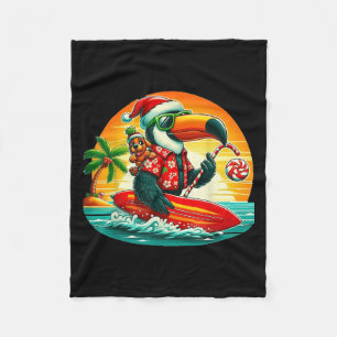 Surfing Santa Toucan And Funny Dog Tropical Christ Fleece Blanket