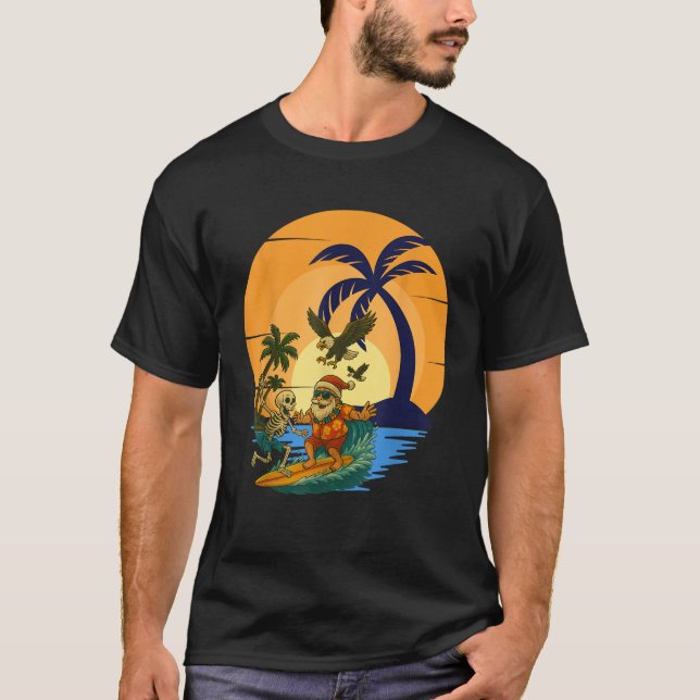 Surfing Santa Toucan and funny skeleton Tropical C T-Shirt (Front)