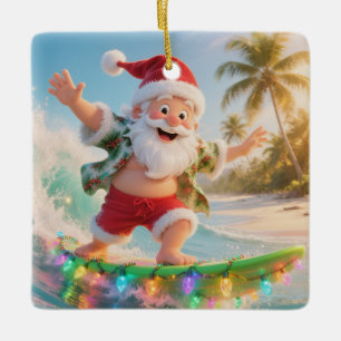 Surfing Santa Tropical Christmas Ceramic Ornament