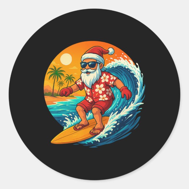 Surfing Santa Tropical Christmas Holiday Hawaiian  Classic Round Sticker (Front)