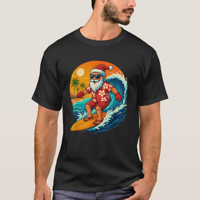 Surfing Santa Tropical Christmas Holiday Hawaiian  T-Shirt (Front)