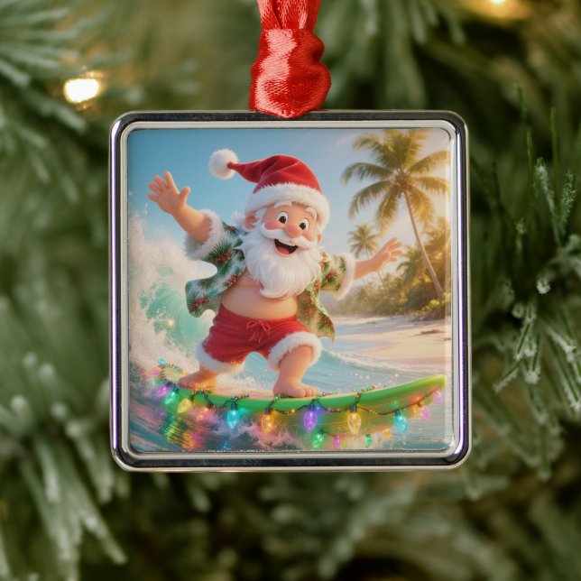 Surfing Santa Tropical Christmas Metal Ornament (Tree)