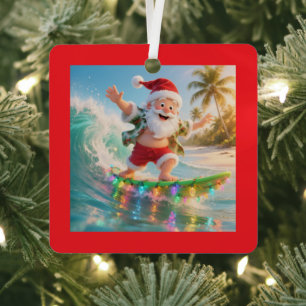 Surfing Santa Tropical Christmas Metal Tree Decoration