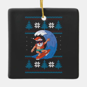 Surfing Santa with Sunglasses Funny Santa Ceramic Ornament