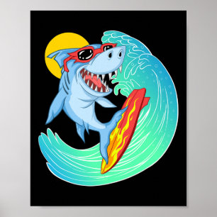 Surfing Shark Cute Sea Animal Ocean Creature Adult Poster