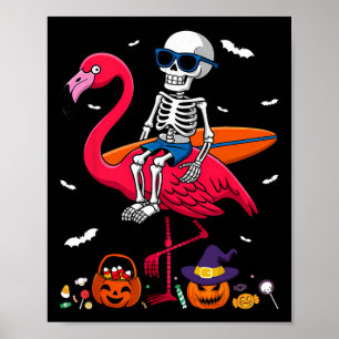 Surfing Skeleton Riding Flamingo Halloween Surfer  Poster