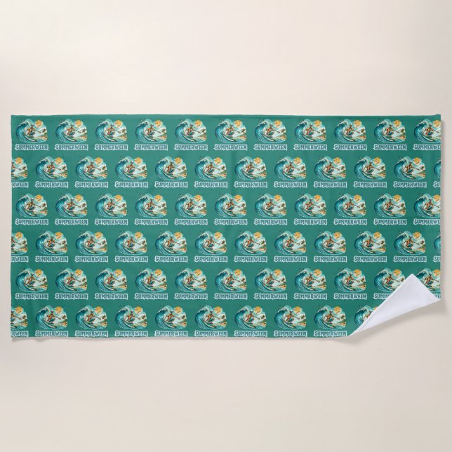 Surfing Skeleton Summerween Beach Vibes Beach Towel (Front)