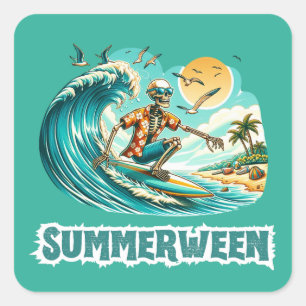 Surfing Skeleton Summerween Beach Vibes Square Sticker