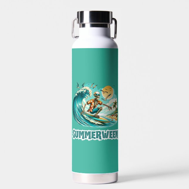 Surfing Skeleton Summerween Beach Vibes Water Bottle (Front)