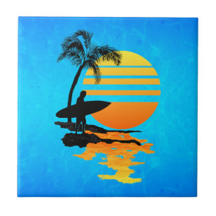 Surfing Sunrise Ceramic Tile