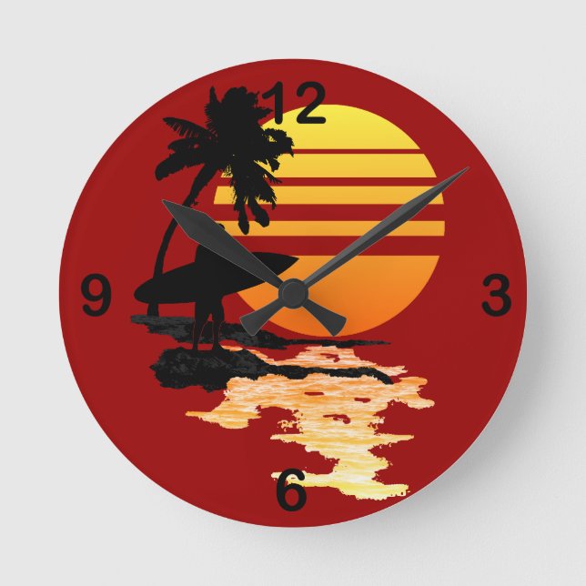 Surfing Sunrise Round Clock (Front)