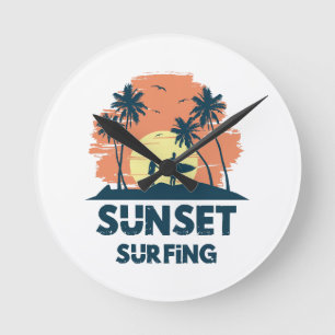 Surfing -Sunset Surfing  Round Clock