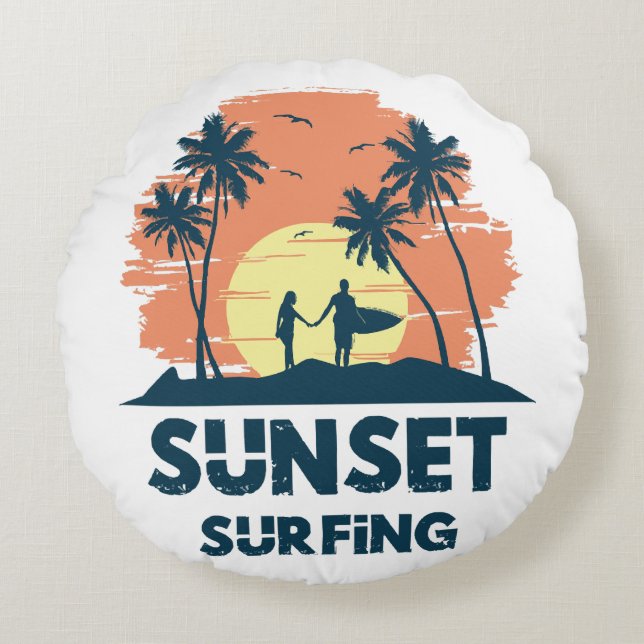 Surfing -Sunset Surfing  Round Cushion (Front)
