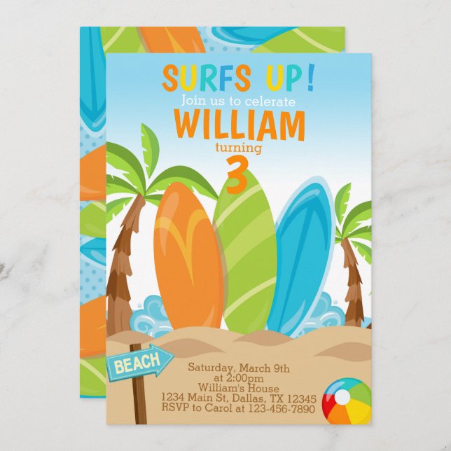Surfing Surfboard Birthday Party Invitation Invite (Front/Back)
