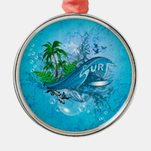 Surfing, surfboard with palm metal tree decoration