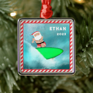 Surfing Surfer Christmas Holiday Gift Metal Ornament