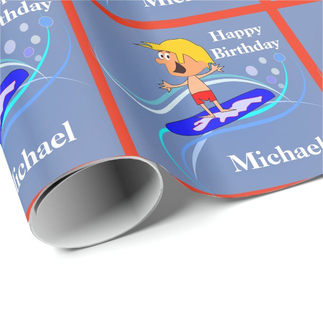 Surfing Surfer Guy Personalised Birthday Gift Wrapping Paper (Roll Corner)