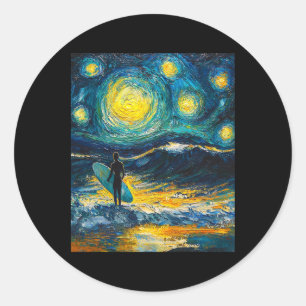 Surfing Surfer Surfboard - Van Gogh Style - Starry Classic Round Sticker