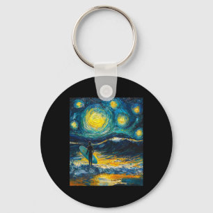 Surfing Surfer Surfboard - Van Gogh Style - Starry Key Ring