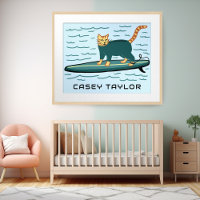 SURFING Tabby Cat Funny Cute CUSTOM NAME Nursery