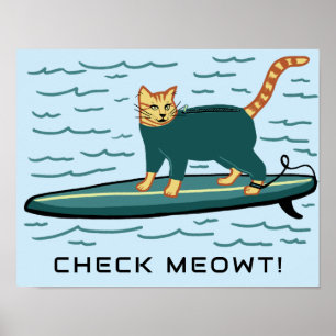 SURFING Tabby Cat Funny Cute CUSTOM TEXT Nursery Poster