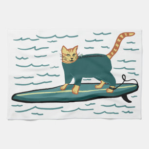 Surfing Tabby Cat Tea Towel