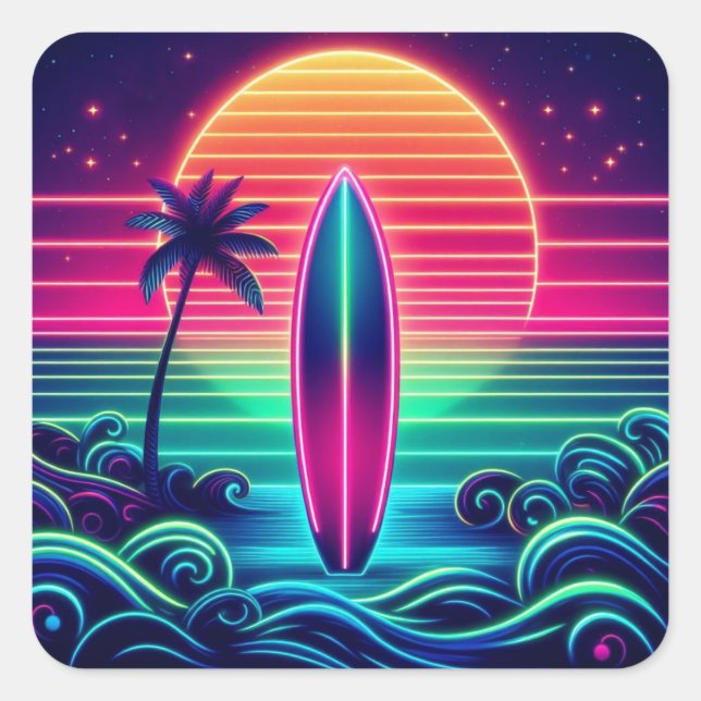  Surfing the Neon Sunset- Square Sticker (Front)