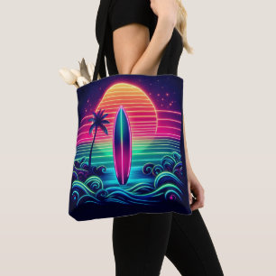 Surfing the Neon Sunset Tote Bag