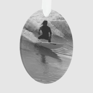 Surfing The Waves Grayscale Ornament