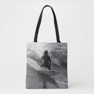 Surfing The Waves Grayscale Tote Bag