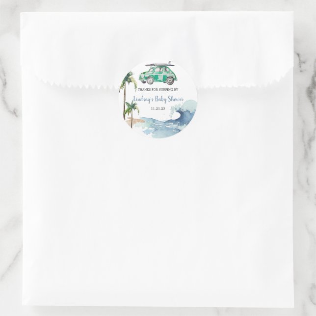 Surfing Theme Baby Shower Invitation Beach Baby  Classic Round Sticker (Bag)